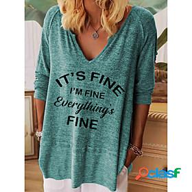 Women's T shirt Text V Neck Basic Tops Green Blue Gray