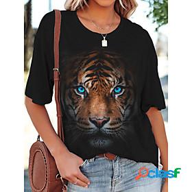 Womens T shirt Tiger Round Neck Print Basic Tops Loose Black