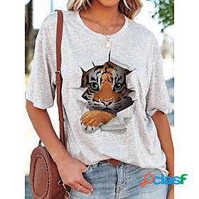 Womens T shirt Tiger Round Neck Print Basic Tops Loose White