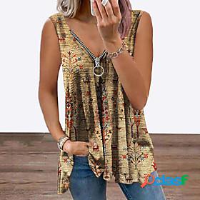 Womens Tank Top Vest Floral Theme Tree V Neck Flowing tunic
