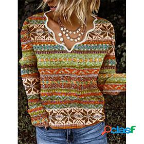 Womens Tunic Long Sleeve Color Block V Neck Patchwork Print