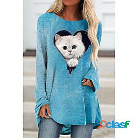 Womens Tunic T shirt 3D Cat Painting Long Sleeve Cat Heart