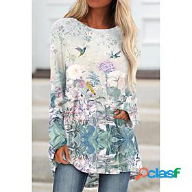 Womens Tunic T shirt Floral Theme Painting Floral Bird Round