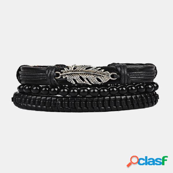 3 pezzi/set Punk Black Bracciale in pelle intrecciata