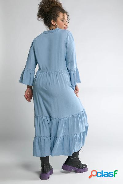 Abito con effetto jeans, collo alto, maniche a 3/4 e balze,
