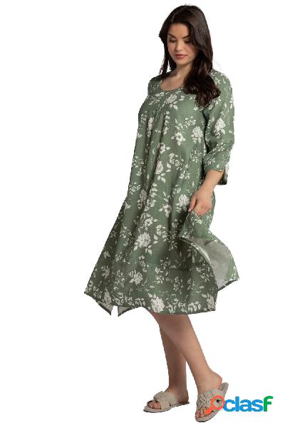 Abito midi con lino, design floreale, maniche a 3/4 e orlo a