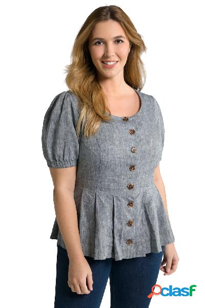 Blusa di lino in stile Tracht con scollo a girocollo e mezze