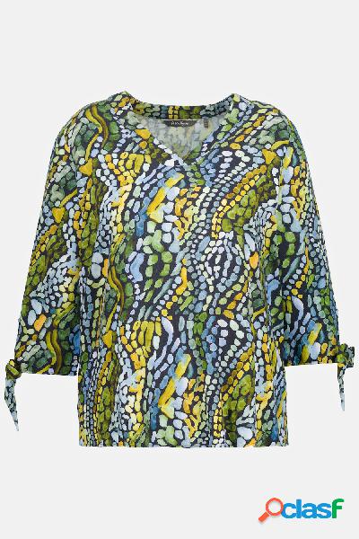 Blusa di misto lino con scollo a V, maniche a 3/4 e stampa