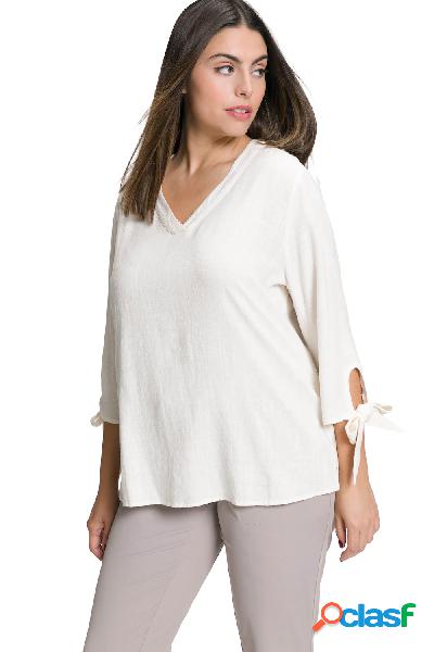 Blusa in misto lino con scollo a V, maniche a 3/4 e