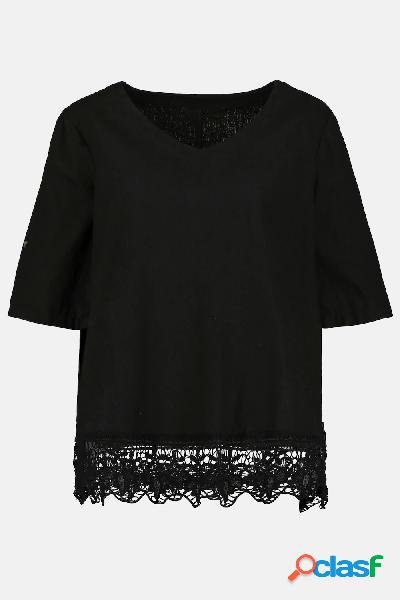 Blusa, orlo con pizzo, misto lino, mezze maniche, Donna,