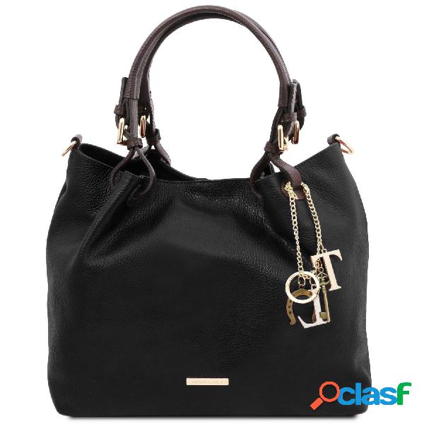 Borsa shopping in pelle morbida Nero