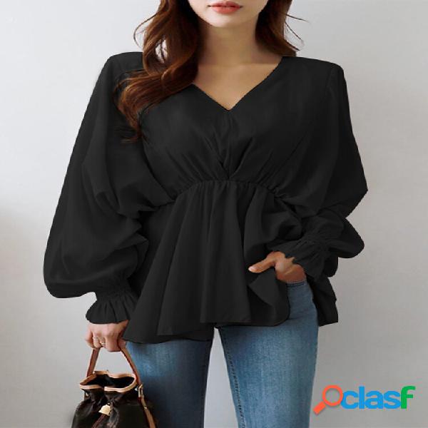 Camicetta casual da donna con scollo a V e maniche a sbuffo