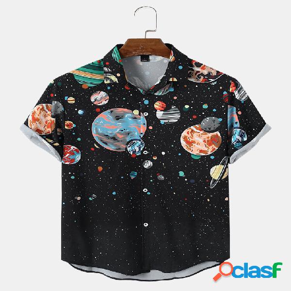 Camicie da uomo con risvolto nero con stampa Galaxy Planet
