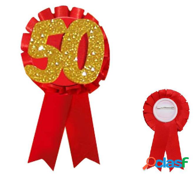 Coccarda rosso e oro con glitter 50 ° anniversario di 15 cm