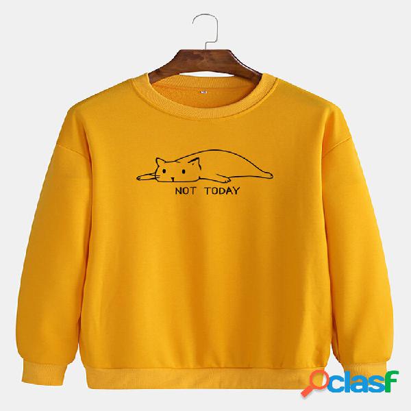 Cotton Mens Cartoon Cat & Letter Print Round Collo Felpe con