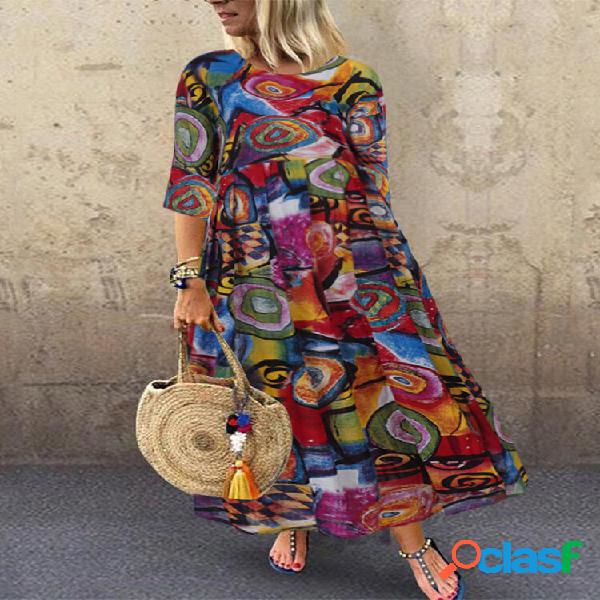 Donna Retro Graffiti Print Round Collo Maxi abiti casual