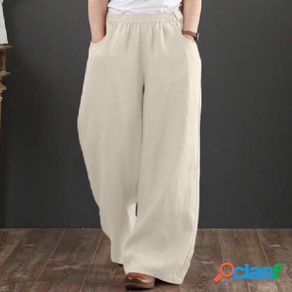 Donne 100% cotone gamba larga pieghe tasca laterale solido