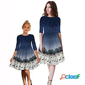 Family Look Dress Daily Galaxy Print Blue Purple Knee-length