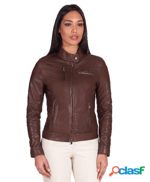 Giacca Biker In Pelle Naturale Marrone Effetto Liscio