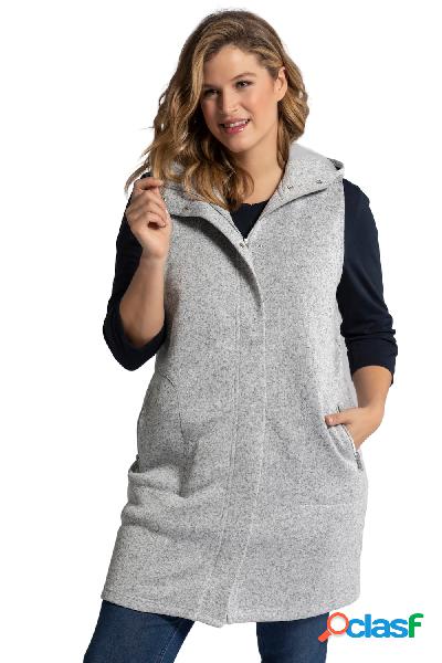 Gilet lungo e smanicato di maglia e pile con cappuccio e