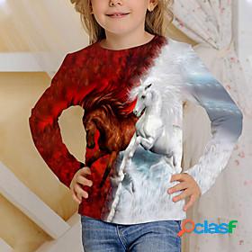 Kids Boys Girls T shirt Long Sleeve White Red 3D Print Horse