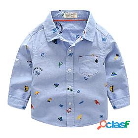 Kids Boys Shirt Long Sleeve White Light Blue Pocket Cartoon