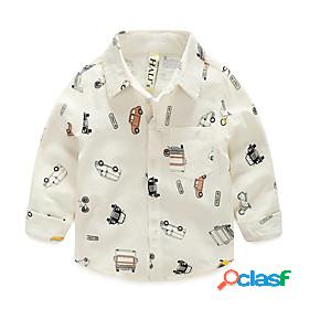 Kids Boys Shirt Long Sleeve White Ruched Pocket Cartoon