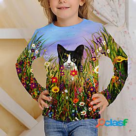 Kids Girls T shirt Long Sleeve Green 3D Print Cat Daily