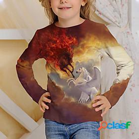 Kids Girls T shirt Long Sleeve Unicorn Horse 3D Print Red