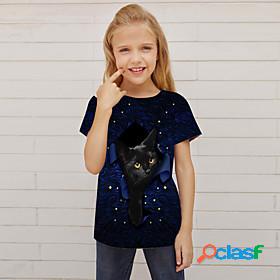 Kids Girls T shirt Short Sleeve 3D Print Cat Animal Navy