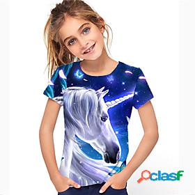Kids Girls T shirt Short Sleeve 3D Print Unicorn Animal Blue