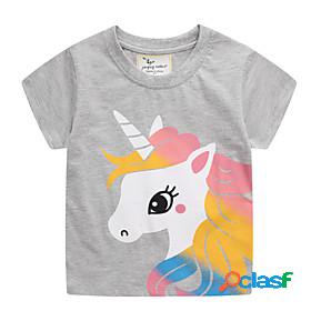Kids Girls T shirt Short Sleeve Cartoon Unicorn Animal Gray