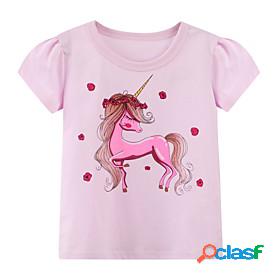Kids Girls T shirt Short Sleeve Cartoon Unicorn Animal Pink