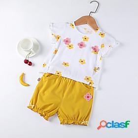 Kids Girls T-shirt Shorts Short Sleeve 2 Pieces Yellow
