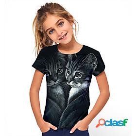 Kids Girls T shirt Tee Short Sleeve Cat Animal Black