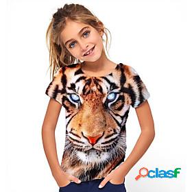 Kids Girls T shirt Tee Short Sleeve Tiger Animal Yellow