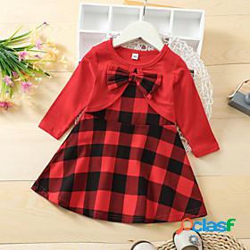 Kids Little Girls Dress Plaid Bow Red Knee-length Cotton