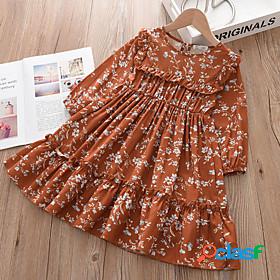 Kids Little Girls Dress Plants Flower School Print Khaki