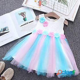 Kids Little Girls Dress Rainbow Striped Tutu Dresses Mesh