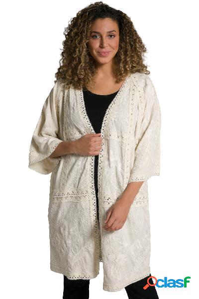 Kimono in misto lino con ricami, pizzo e maniche a 3/4,