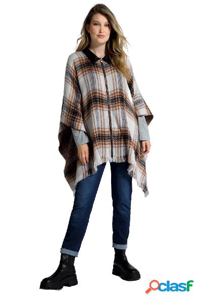 Mantellina oversize a quadri con similpelle e frange, Donna,