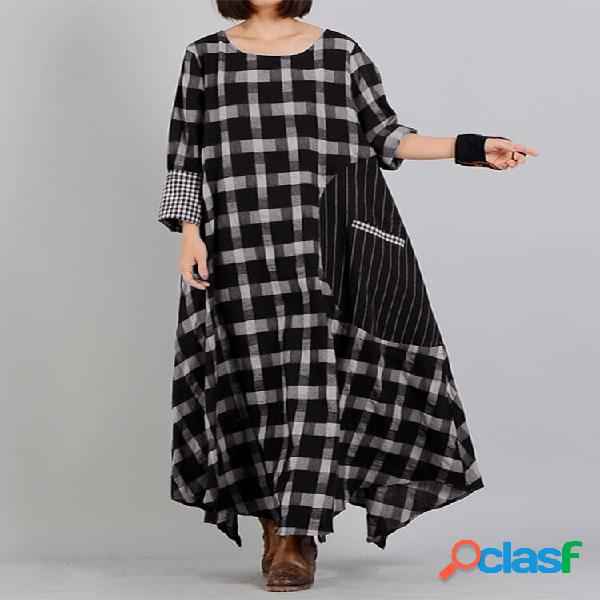 Maxi abito casual a maniche lunghe o scollo a quadri con