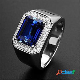 Men Ring Synthetic Sapphire Green Blue Platinum Plated Alloy