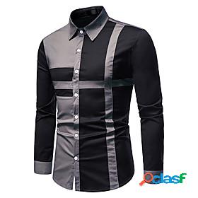Mens Shirt Color Block Button Down Collar Daily Long Sleeve