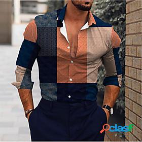 Mens Shirt Color Block Geometry Turndown Casual Daily Long