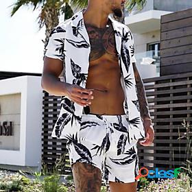Mens Shirt Suits Set Leaves 3D Print Turndown Casual Daily