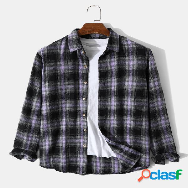 Mens Vintage Plaid Casual Viola Bottone Risvolto Camicia