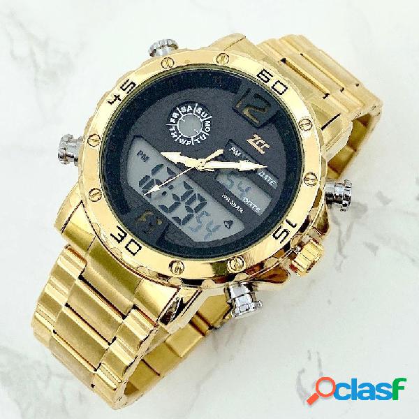 OROLOGIO POLSO ZCC UOMO ACCIAIO DUAL TIME DATA ALLARME