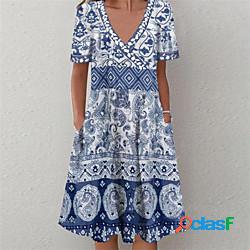 Per donna Abito linea A Abito al ginocchio Blu Manica corta