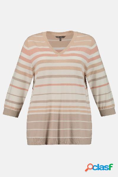 Pullover a righe, scollo a V, maniche a 3/4, Donna, Grigio,